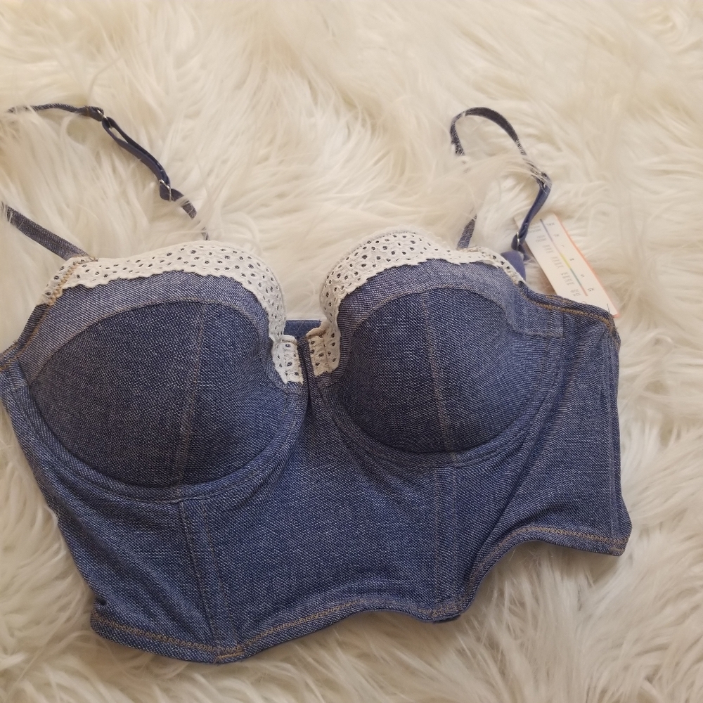 Colsie Denim Blue Eyelet Lace Trim Bralette corset bustier 👢🤠